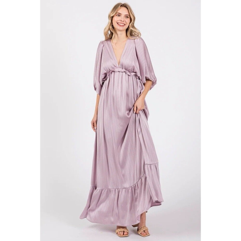 Vanilla Bay maternity long lilac V-neck pleated dress, size S - Picture 2 of 9